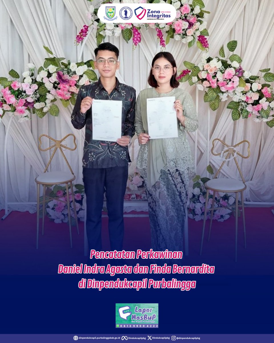 DindukcapilPbg's tweet image. Selamat kepada Daniel Indra Agasta dan Finda Bernardita atas pencatatan perkawinan resmi mereka di Dinpendukcapil Purbalingga pada 30 Maret 2026. 

Informasi selengkapnya: dinpendukcapil.purbalinggakab.go.id/article/pencat…

#Dukcapil #DukcapilJateng #DukcapilPurbalingga #PemkabPurbalingga #Purbalingga