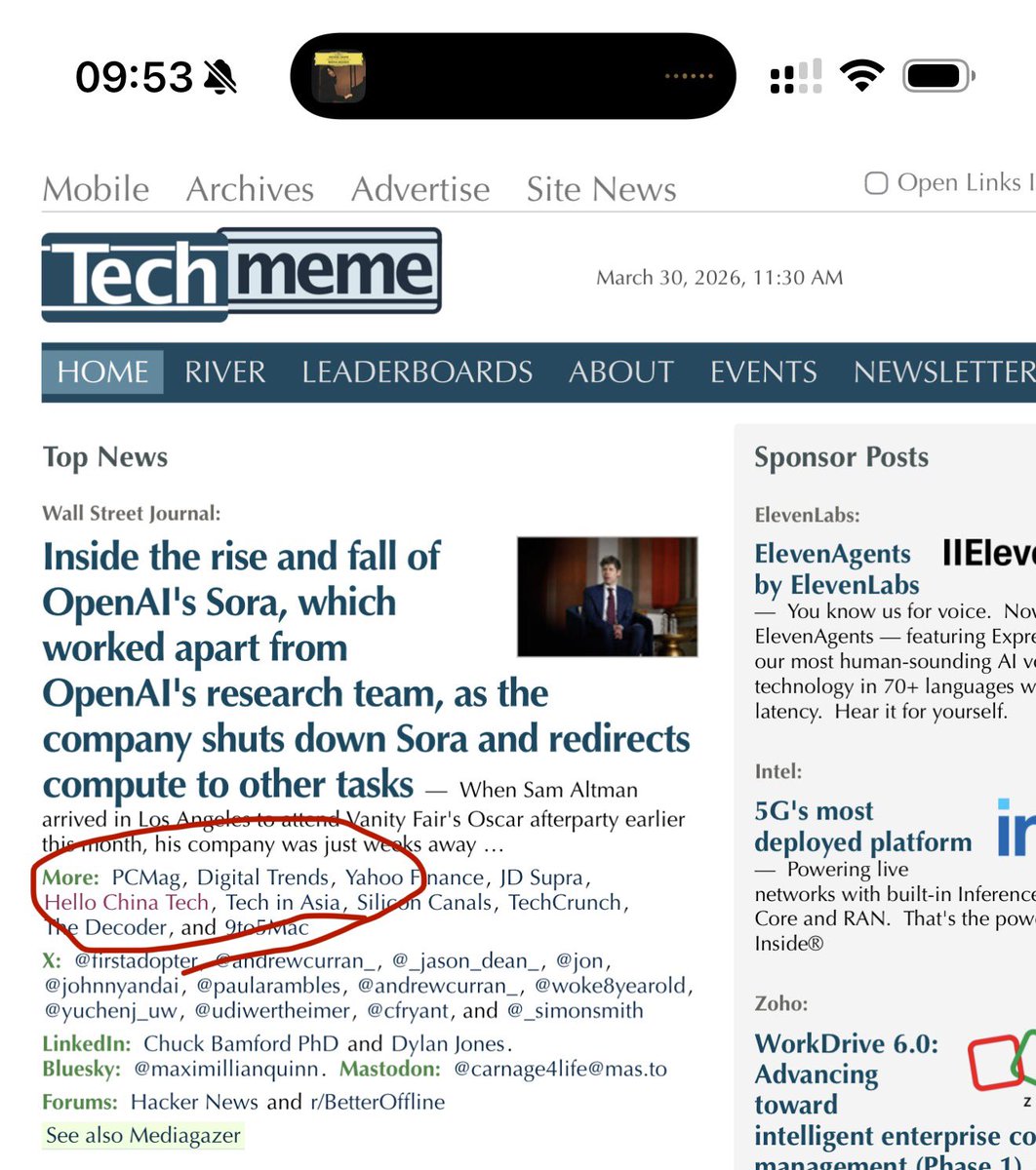 A reader flagged this for me. My Sora and Kling analysis made it to Techmeme yesterday. Always good to see Hello China Tech listed alongside PCMag, TechCrunch, and Tech in Asia on a major story.