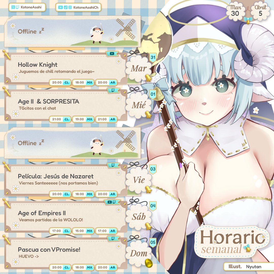 KotoneAsahi's tweet photo. 🐑 Horario de la Semana 🐑
edición:  mira mi muerteeee, espero recuperarme al 100% pronto para prender de forma consistente ;0; 
mmmoooou ya te hecho de menos tompo >< 

 Nos beeeeemos tompito ~ Ꮚᵔꈊ’Ꮚෆ
  ✿---|---| Corralitos |---|---✿ 
YouTube: https://t.co/53nJ7aUAxI
Twitch: https://t.co/WxQY42BvQi