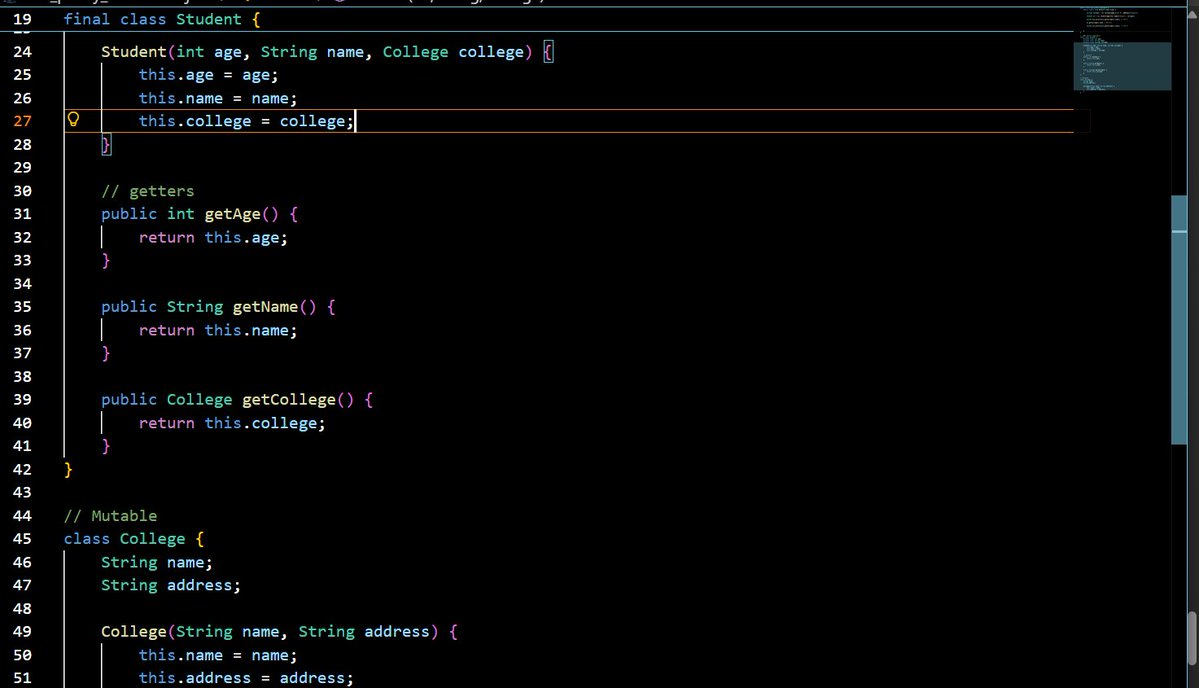 achieve71246717's tweet image. Learned about not purely immutable and purely immutable objects in java.
final doesn’t guarantee immutability. If your class holds a reference to a mutable object, it can still be modified indirectly.
#Java #OOP #Programming #CodingJourney #LearnInPublic #DeveloperLife