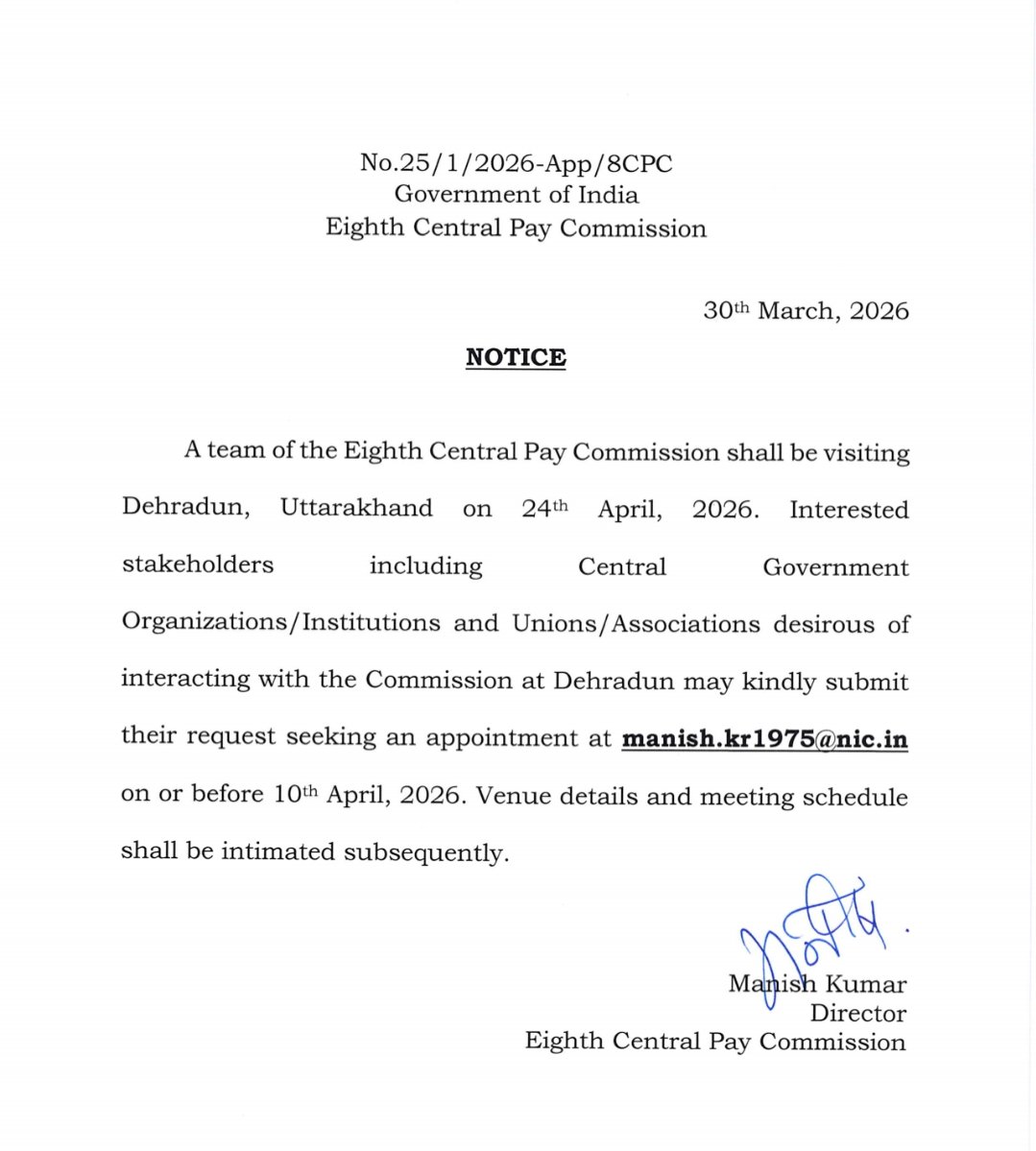 खुशी की बात है कि #8CPC ने केंद्रीय कर्मचारी संगठनों से मिलने की प्रक्रिया शुरू कर दी है। इस कड़ी में वे 24 अप्रैल को देहरादून विजिट कर रहे हैं। उम्मीद है इस बार वेतन आयोग #एकभारत_श्रेष्ठभारत के नाते #UTs और #CABs की तमाम समस्याओं जैसे एक मंत्रालय में म्यूचुअल ट्रांसफर, स्पाउस