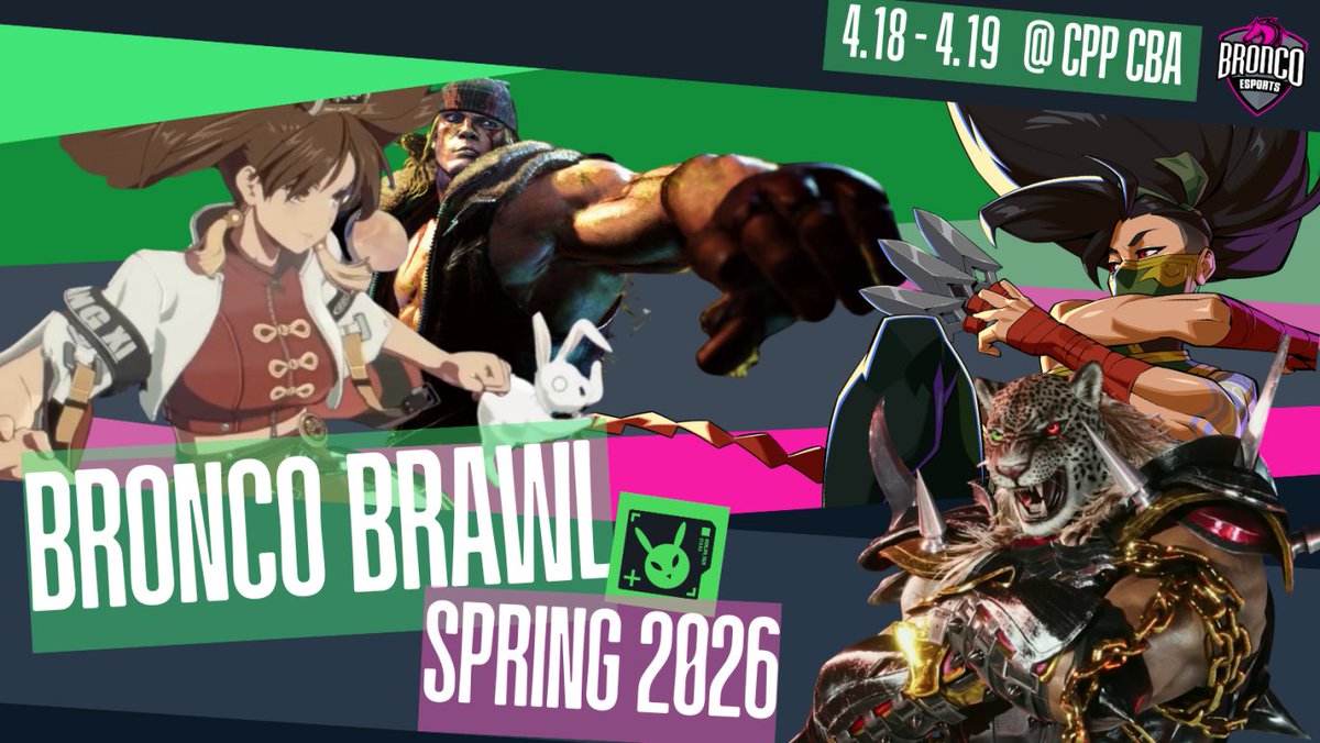 CPPFGC's tweet photo. Look out for BRONCO BRAWL SPRING 2026!

Together with @CPPEsports, we are back hosting our premier LAN event as a 2 DAY EVENT!

Our FREE TO ENTER #FGC EVENTS will all be on SUNDAY, APRIL 19TH!

We got:
#TEKKEN8
#GuiltyGearSTRIVE
#2XKO
#STREETFIGHTER6

SIGN UP ASAP BELOW! https://t.co/OmWWNBRzIy