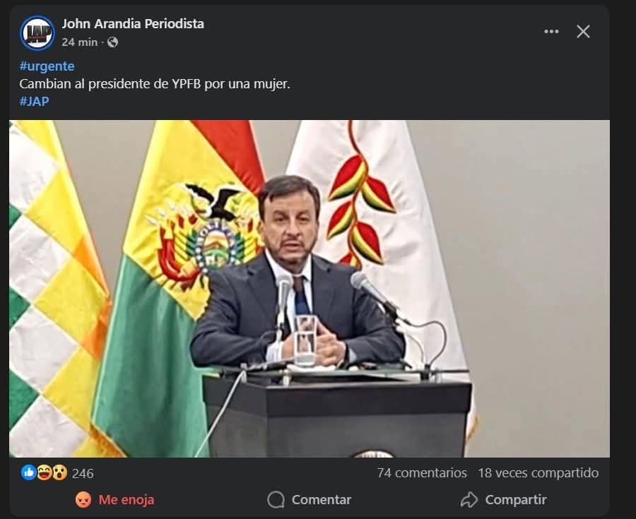Cambian al presidente de YPFB por una mujer...
Por una mujer ingeniera industrial, con estudios especializados en gestión energética
Ex presidenta de la Cámara Boliviana de Hidrocarburos y Energía.
Por una mujer especialista en el tema.
Estoy ayudando a completar el titular.