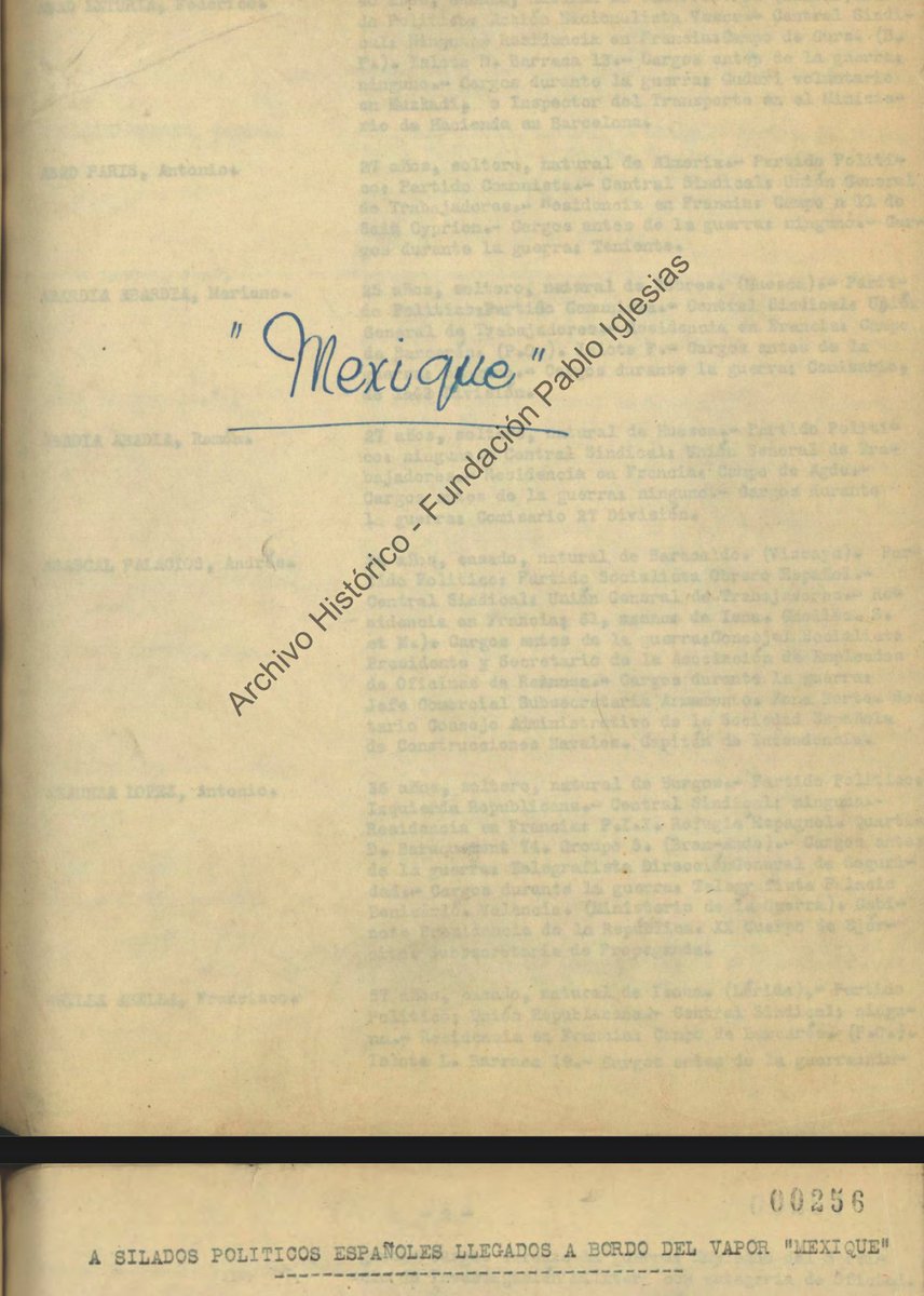 Aquí dejo el enlace, desde mi sitio web, de todos los pasajeros que llegaron a México, provenientes de Francia, a bordo del barco "Mexique" en julio de 1939 (entre ellos mi padre y mis abuelos), poco antes de que terminara la Guerra Civil española. 
palabrasconciencia.com/julio/pasajero…
