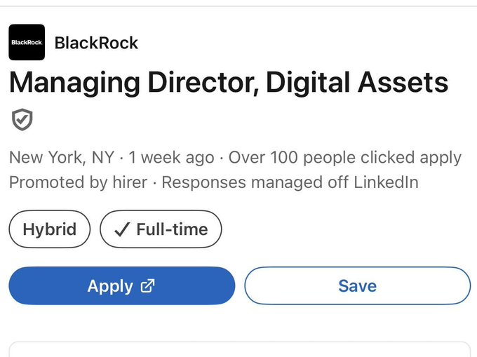 🔥 NEW: BlackRock is hiring a Managing Director of Digital Assets in New York as it expands its crypto and blockchain efforts.