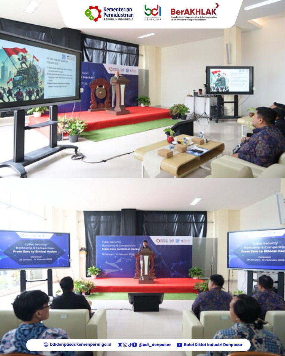 Bdi_Denpasar's tweet photo. “Cyber Security Bootcamp &amp; Competition: From Zero to Ethical Hacker”.  Kegiatan yang berlangsung pada Februari 2026 ini, didahului dengan penandatanganan Perjanjian Kerja Sama (PKS) antara Kepala BDI Denpasar Bapak Arga Mahendra dengan Presiden Direktur PT. TKMT Bapak Ivan Romano https://t.co/Jt0g4YxbCV