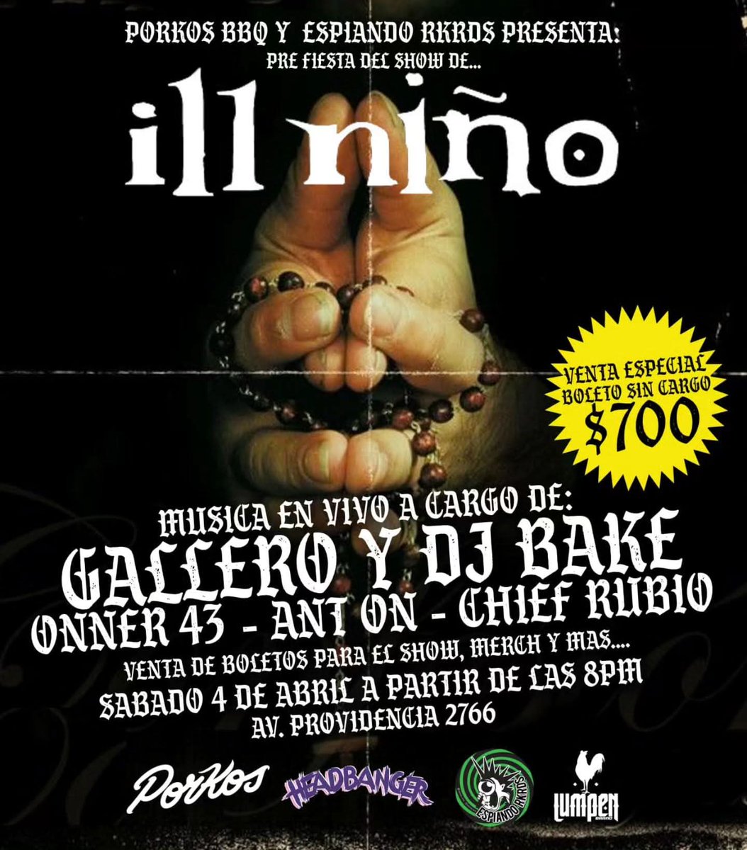 onner_43's tweet photo. Nos vemos este sábado 4 de Abril mi tropa en la PRE FIESTA del show de @illninoofficial en el @porkosbbq  GDL junto a mis carnales @gallero.oficial y @djbakefrias 🤟🏻👹🔥 amonos recios mi tropa https://t.co/JGJKSzwb4O