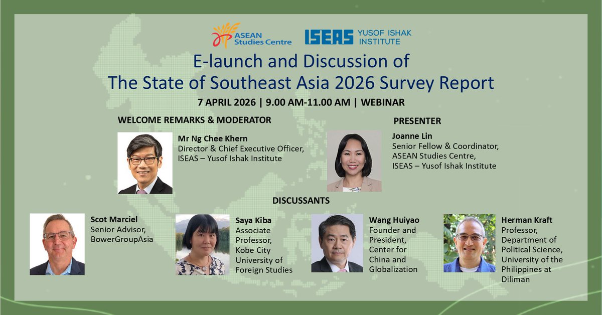 ISEAS's tweet image. #ICYMI Happening tomorrow - E-Launch and Discussion of The State of Southeast Asia: 2026 Survey Report

Sign up here - iseas.edu.sg/mec-events/e-l…

#southeastasia