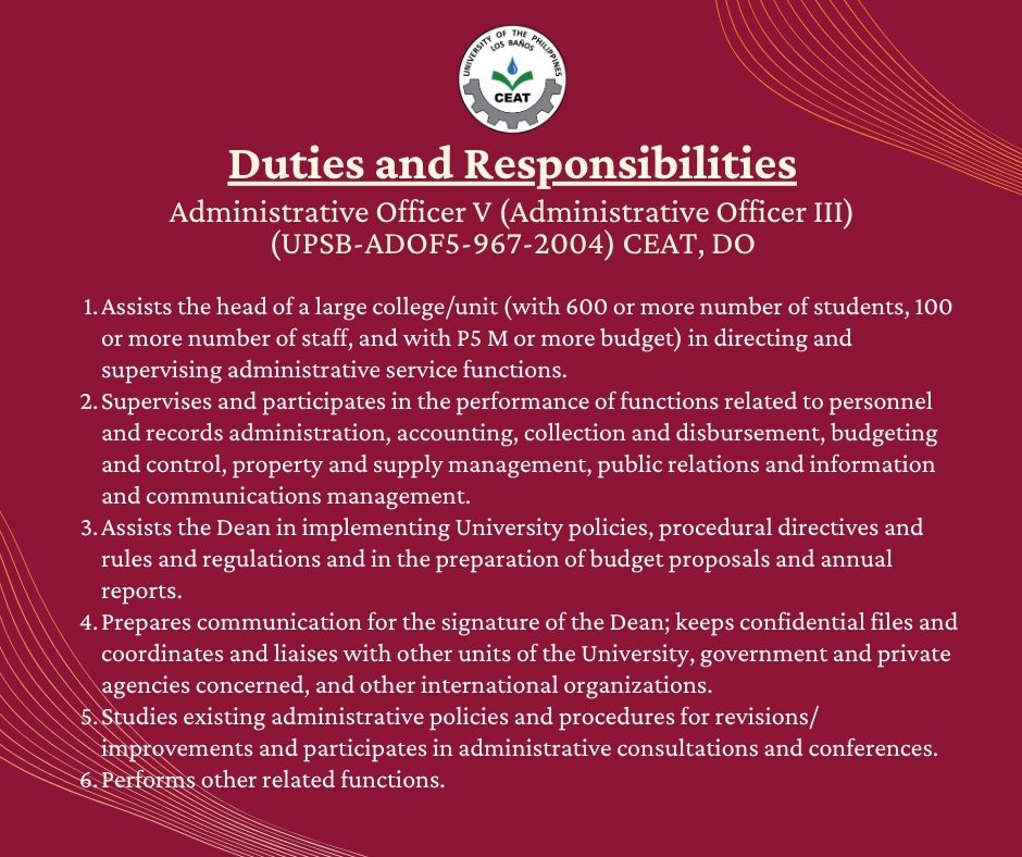 UPLBCEAT1983's tweet image. #JOBOPPORTUNITY

Administrative Officer V (Administrative Officer III)
(UPSB-ADOF5-967-2004) CEAT, DO

Application Deadline : 10 April 2026 04:00 pm

For the requirements and submission bin, visit hrdo.uplb.edu.ph/jobs/

#HIRING #CEATAscend