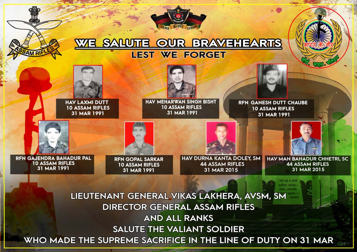 official_dgar's tweet image. Lt Gen Vikas Lakhera, AVSM, SM, Director General of #AssamRifles &amp;amp; all ranks, salute the valiant soldiers who made the supreme sacrifice in the line of duty on 31 March.

#SaluteToMartyrs #HonourTheFallen #RememberingOurHeroes #MartyrsOfIndia #ForeverInOurHearts