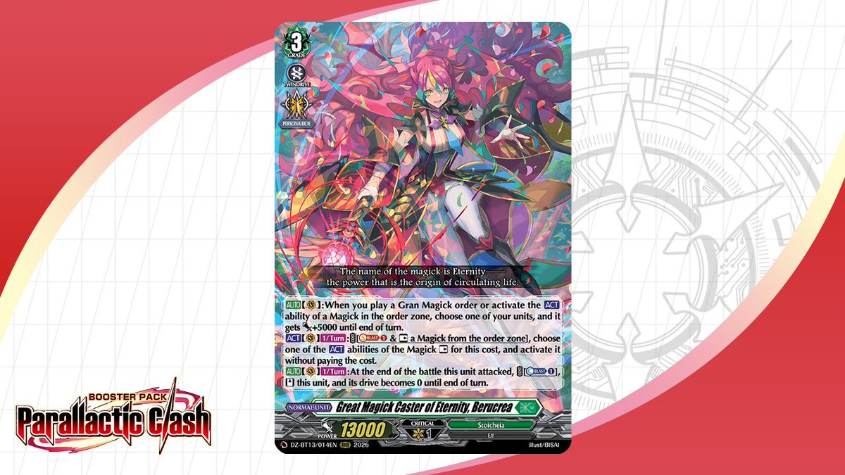 cfvanguard_en's tweet image. Today's featured card is Great Magick Caster of Eternity, Berucrea!

Cardfight!! Vanguard Booster Pack 13: Parallactic Clash goes on sale May 8!

🔗 bit.ly/DZ-BT13

#CardfightVanguard #TCG