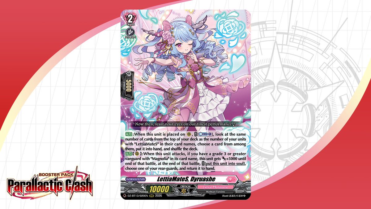 cfvanguard_en's tweet image. Today's featured card is LettiaMateS, Dyruashe!

Cardfight!! Vanguard Booster Pack 13: Parallactic Clash goes on sale May 8!

🔗 bit.ly/DZ-BT13

#CardfightVanguard #TCG