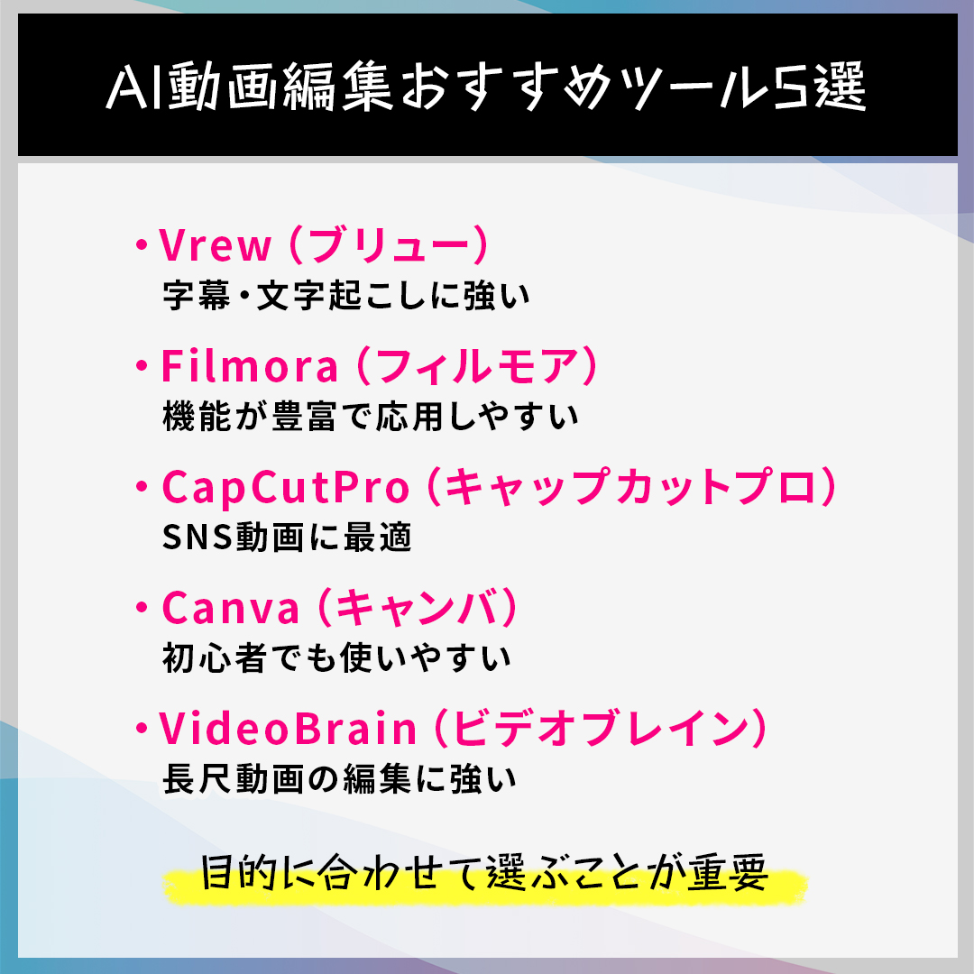 ✨📷ボーダーレスお役立ちコラム📷📷━━━━━━━━━━━━━━━━━━     　 
　企業の動画制作はどう変わる？　 
　　　「AI動画編集」  
　おすすめツール5選と
　導入のポイントも紹介
 ━━━━━━━━━━━━━━━━━━    
☞該当記事：borderless-tokyo.co.jp/column/ai/c051…是非、ご一読ください