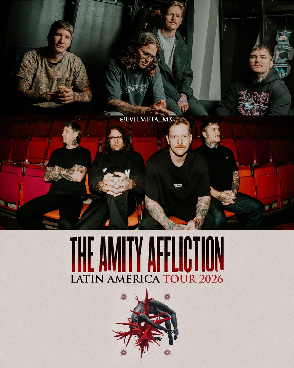 EvilMetalMX's tweet photo. Mañana se dará a conocer el anuncio oficial de la gira de The Amity Affliction por Latinoamérica, donde presentarán su nuevo álbum “House of Cards”.  🔥
La banda australiana tiene confirmadas fechas en México, Colombia, Perú, Brasil, Argentina y Chile. https://t.co/qXrQuySyIW