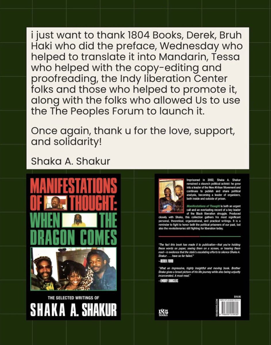 Shaka has finally received a copy of his own books five months later after its release. Here's a statement from him. 

<a href="/indylibcenter/">Indianapolis Liberation Center</a> 

#freeshakashakur
#shakashakur
#manifestationsofthought
#newbook 
#politicalprisoner
#newafrikanfreedomfighter