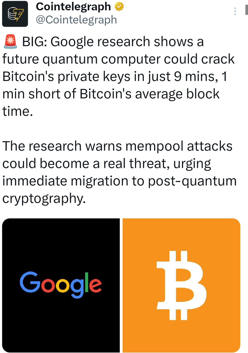 terra_army's tweet image. 🚨 Google research claims a future quantum computer could crack Bitcoin private keys in 9 minutes.
If true, this isn’t “FUD”  it’s a race.
Bitcoin will need post-quantum cryptography sooner than people think.
Adapt or get exploited. ⚠️🧠 #BTC #Crypto #QuantumComputing