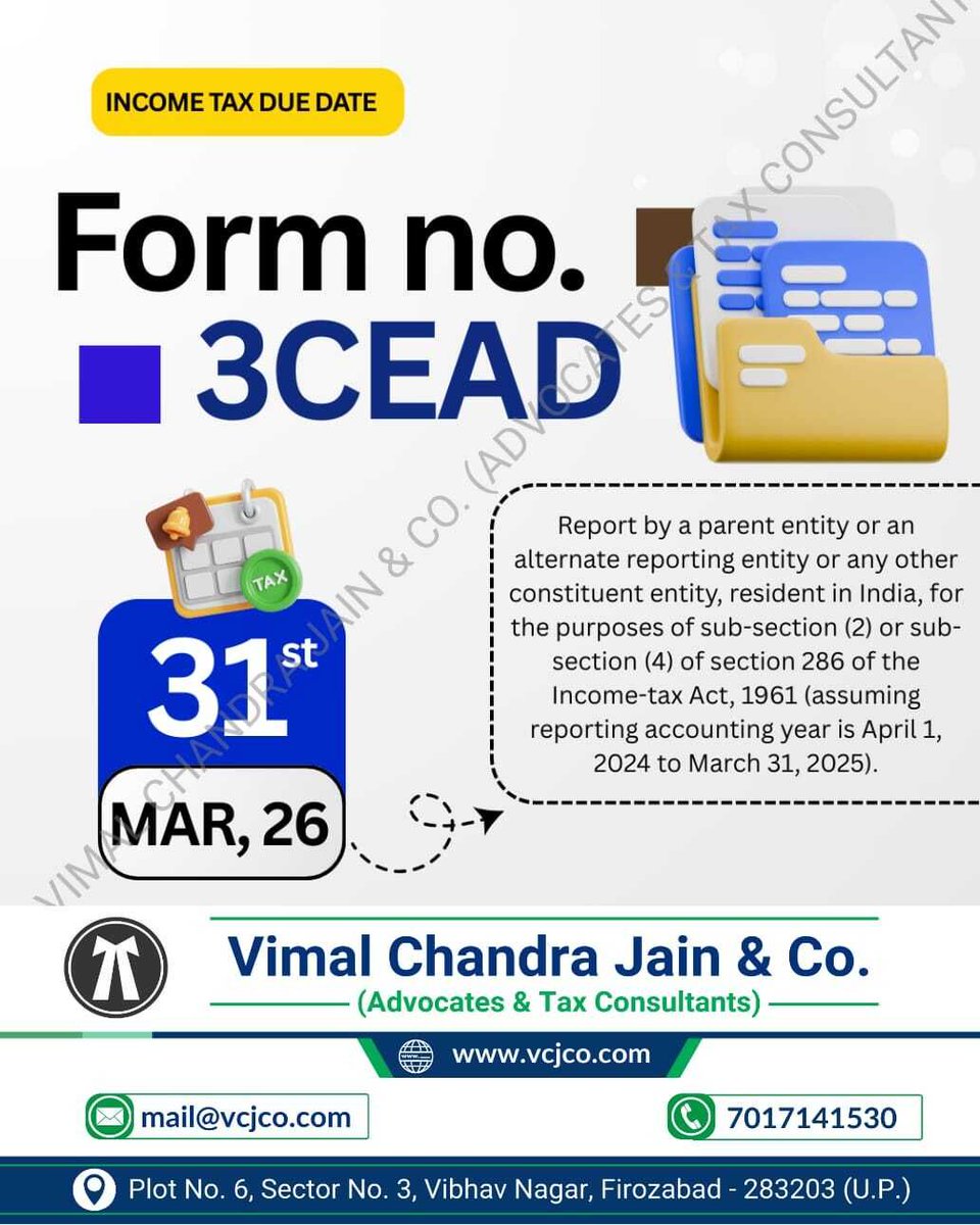 vcj_co's tweet photo. Form No. 3CEAD Due Date Today !
#3CEAD #vcjco #firozabad #agra #shikohabad #mathura #vrindavan #jalesar #kotla #dholpura #bharatpur #fariha #jasrana #sirsaganj #etah #auraiya #etawah #kanpur #tundla #itr #incometaxreturn #refund #gst #gstr #gstregistration #tax #taxation #gstin #incometax #legal