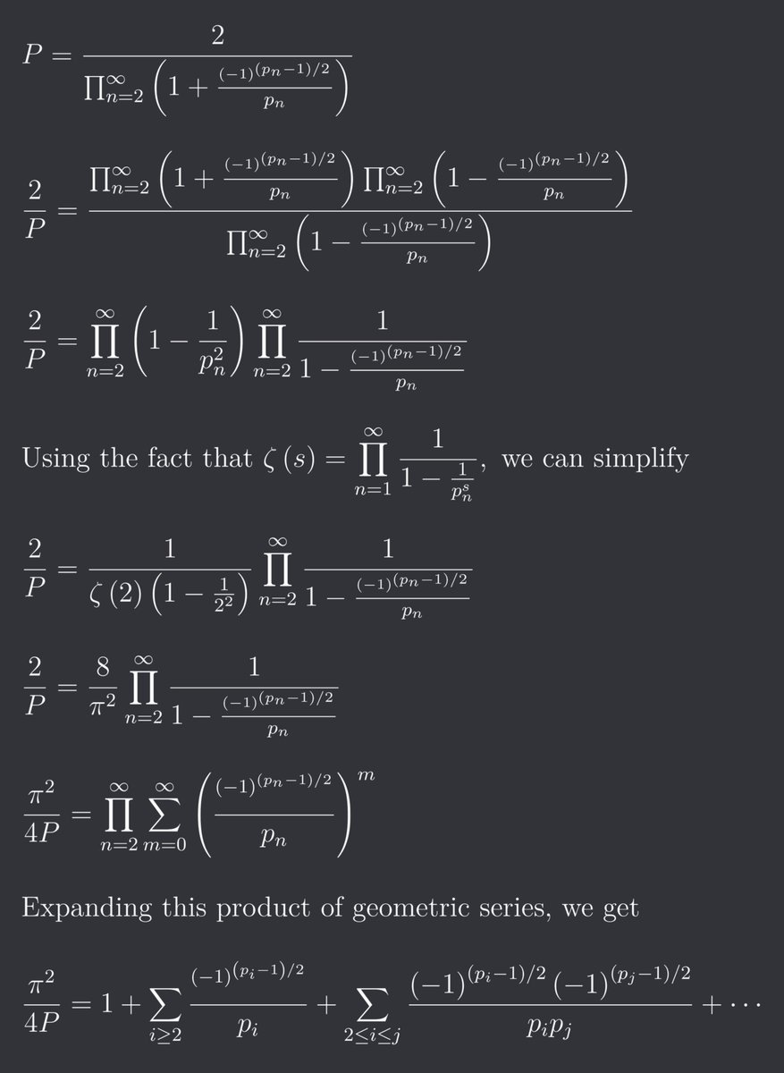 michaelmaths_'s tweet photo. Here's a neat proof of an Euler-type product representation of π. The way multiplicativity allows the Euler product to unfold into a Dirichlet series, which then coincides with the Leibniz series for π/4, is especially elegant and satisfying. https://t.co/jSwZEI7jXy