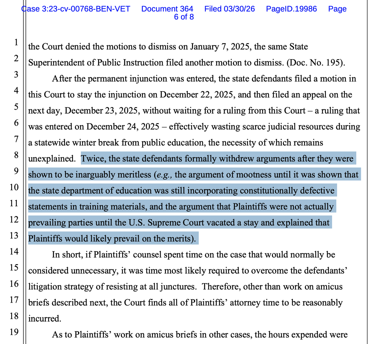 SquishJD's tweet photo. $4.5M attorneys' fees awarded in Mirabelli case, the one involving parents / teachers suing to enjoin CA school districts' secret gender transitions. 

The court refers to CA defendants' meritless arguments on mootness and improper / excessive litigation tactics