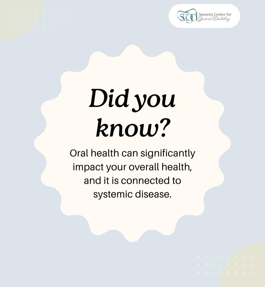 sarasotacenter's tweet image. Gum disease and poor oral health can increase the risk of systemic diseases like heart disease and diabetes. Prioritize good oral hygiene and regular dental visits today. 

#oralhealth #systemicdisease #chronicillness #SarasotaCenterforGeneralDentistry #Sarasota #FL
