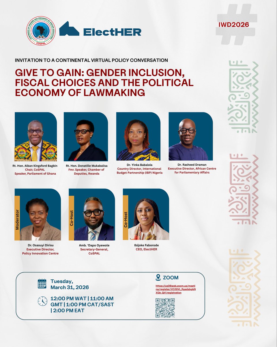 ElectHER_NG's tweet photo. Join us for a cross-continental dialogue exploring how legislative priorities evolve when representation is broadened, and what this means for fiscal decisions and long-term economic outcomes.

More information on the flier. 

Click here to register:

https://t.co/xk8HTJGyD2 https://t.co/qDcyhiaovD