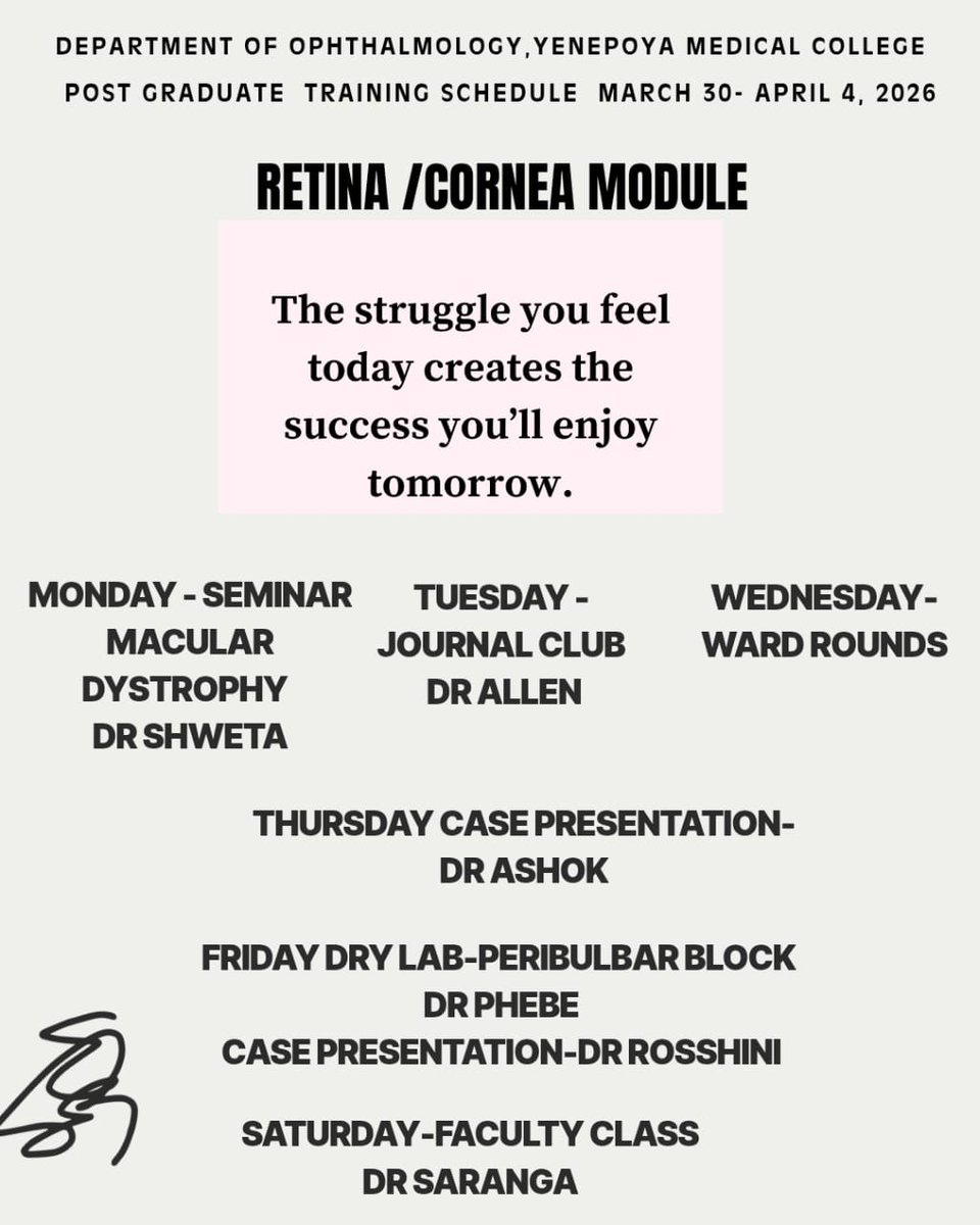 kamathatul's tweet photo. The teaching schedule for the current week covering the retina module!
The struggle you feel today creates the success you will enjoy tomorrow!
Saturday, we will begin with cornea module & exciting topics lined up!
#Ophthalmology #postgraduates #teaching https://t.co/G9nbUpG3bl