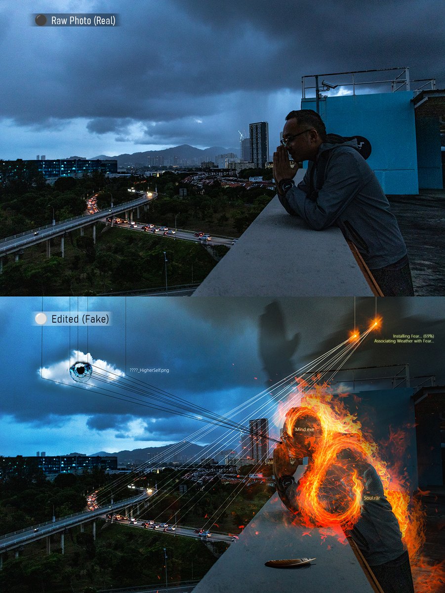 some good old random photoshop warm up before i return to fb ig after hiatus for almost 1 year+, 1 hour quick photo bashing using manual compositing and gen ai 😃 base photo taken by an acquaintance - Bryden at penang queensbay carpark rooftop 📸 
-
#Photoshop #Grateful