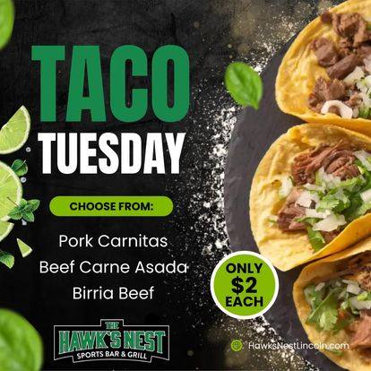 It's Tuesday which means $2 Street Tacos from 3-11pm! 🌮 Choose from Pork Carnitas, Beef Carne Asada, or Birria Beef! 😋 Pair ‘em with a $4 Mexican Beer or Margarita special and let the fiesta take flight!