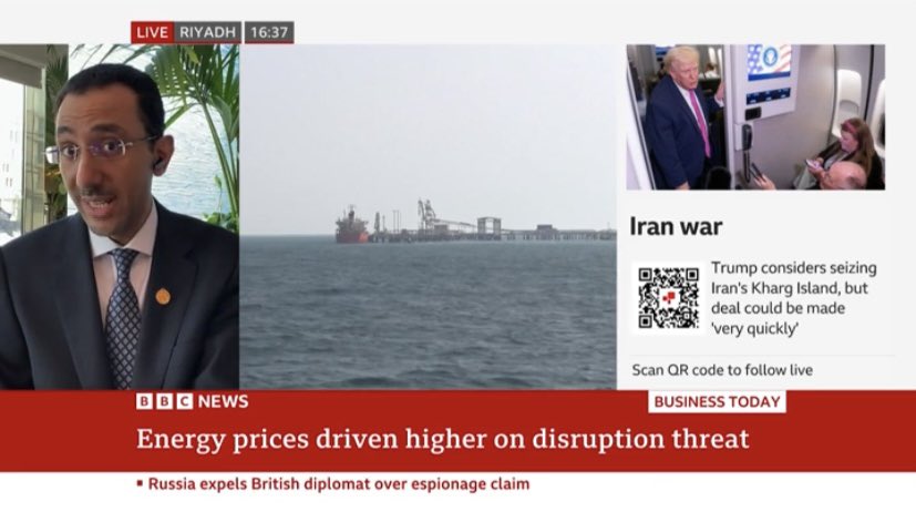 YAlshammari's tweet photo. I spoke to the @BBC (https://t.co/scqCyrvDAx) on what a US on the Kharg island, Iran’s primary export terminal, means for oil markets 
Kharg is a genuine systemic risk point, but the bigger story is the broader Hormuz shock
Thanks Michelle for having me
@BizFleury 
@LCEconomics_ https://t.co/pH9xmbPMK3