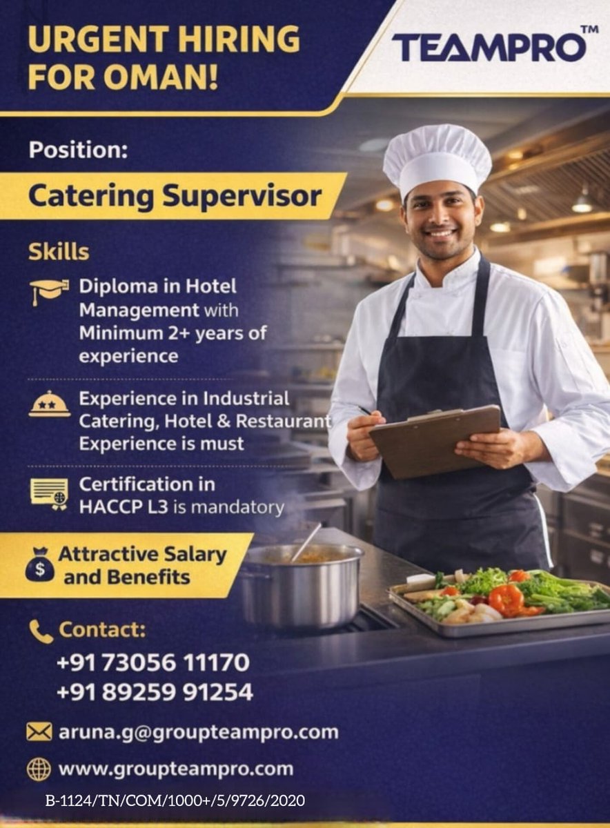 groupteampro's tweet image. 🚨 **Urgent Hiring – Catering Supervisor | Oman**
📧 [aruna.g@groupteampro.com](mailto:aruna.g@groupteampro.com)
🌐 [groupteampro.com]()

#Hiring #OmanJobs #CateringSupervisor #HospitalityJobs #GulfJobs #UrgentHiring