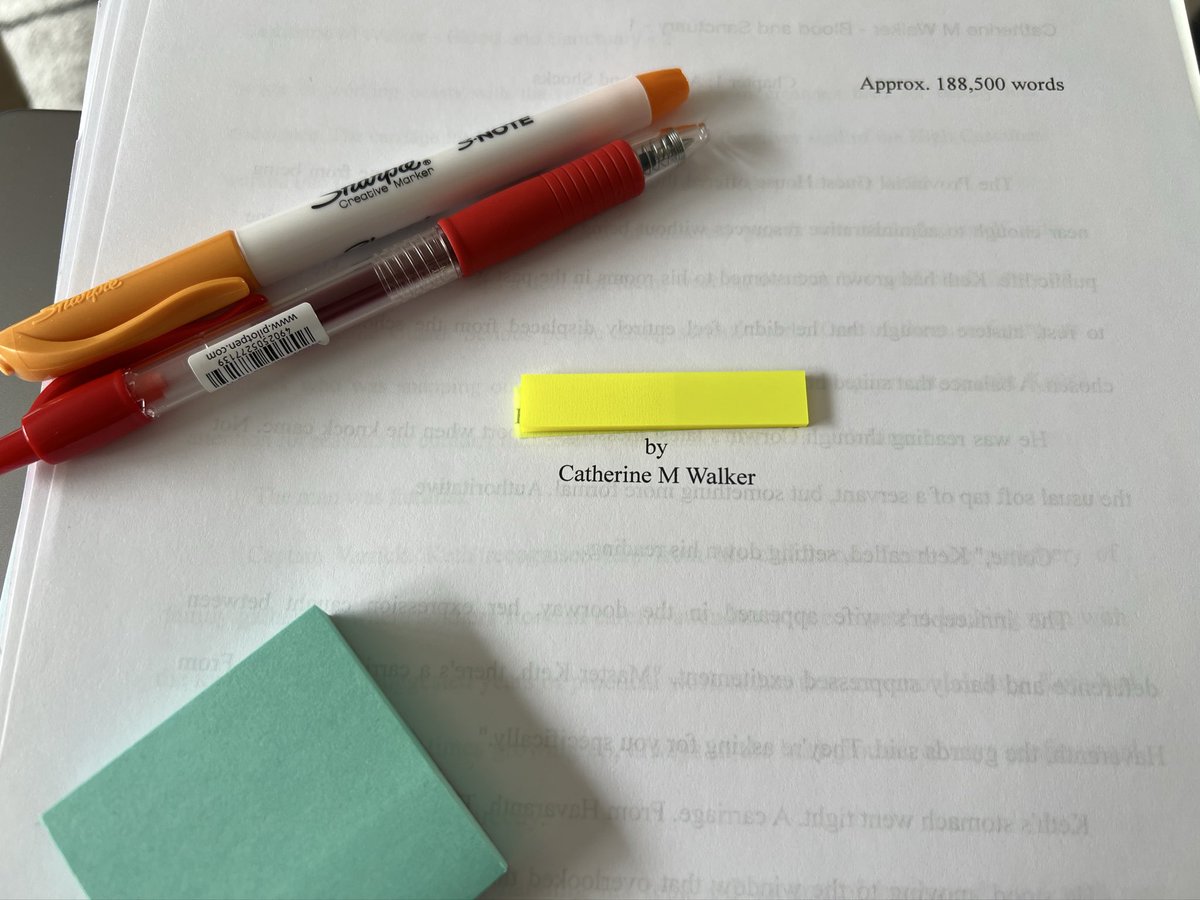 CMWAuthor's tweet photo. I have a red pen, highlighter, page flags, sticky notes, a 188k manuscript (Project Dragon book 2) and a goal to cut at least 40k words… https://t.co/KVwpS79OhC