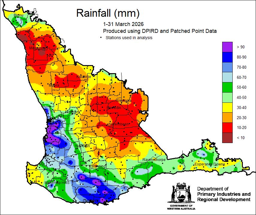 MeredithGuthr15's tweet photo. @DPIRDbroadacre rainfall and decile for March. Thanks to the mid-level trough interaction with Tropical Cyclone Narelle. Highest total Pinjarra 123 mm, lowest Geraldton airport 6.3 mm. @BOM_au root zone soil moisture map looks good. More rain forecast for the south east. #climate https://t.co/SxVy9qbpRy