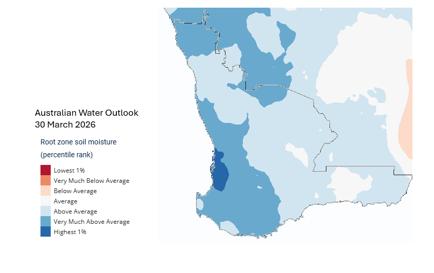 MeredithGuthr15's tweet photo. @DPIRDbroadacre rainfall and decile for March. Thanks to the mid-level trough interaction with Tropical Cyclone Narelle. Highest total Pinjarra 123 mm, lowest Geraldton airport 6.3 mm. @BOM_au root zone soil moisture map looks good. More rain forecast for the south east. #climate https://t.co/SxVy9qbpRy