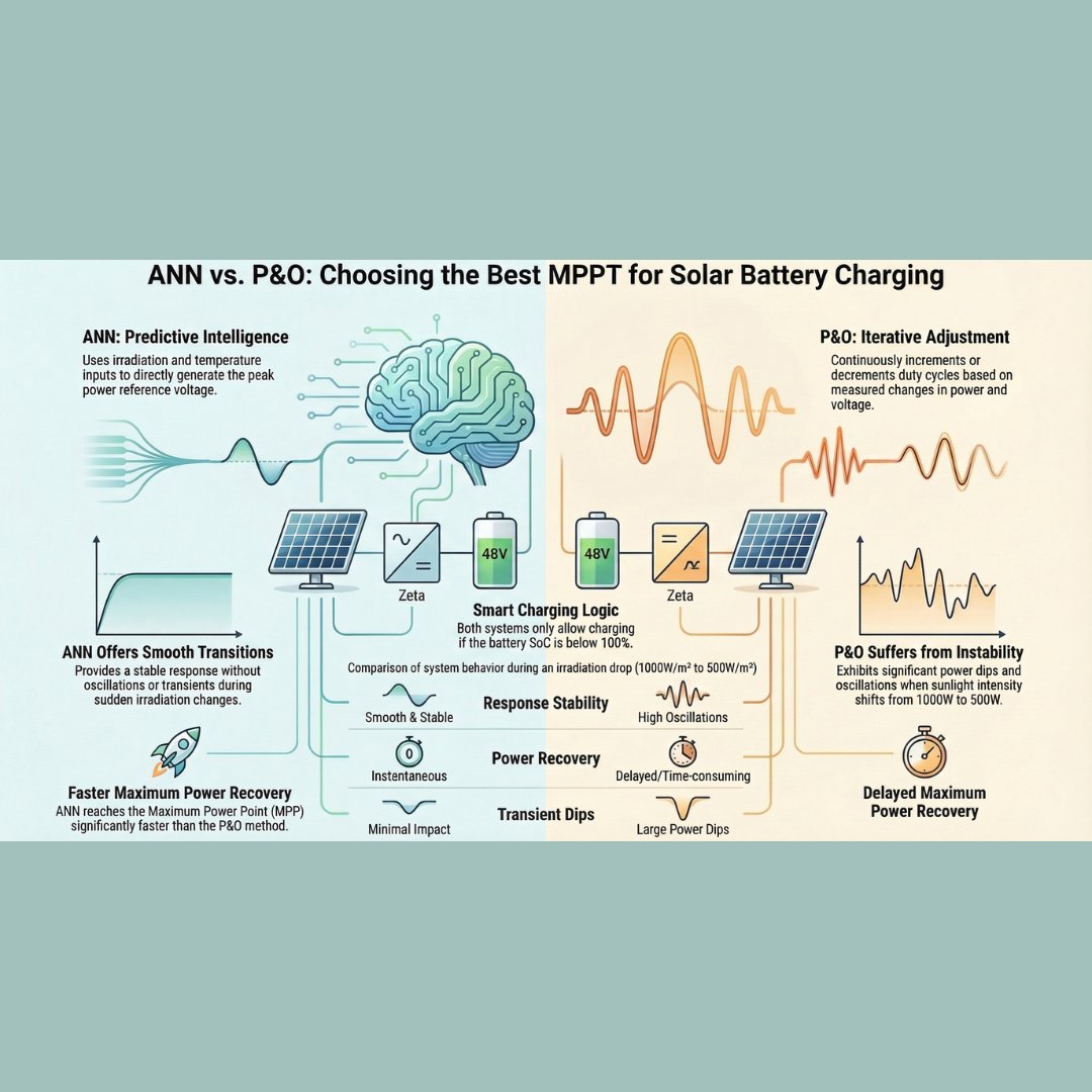 Lms_Solution's tweet photo. Solar PV Battery Charging with ANN MPPT vs P&amp;O MPPT (MATLAB/Simulink Model)

https://t.co/F5sEKdWOJN

• ANN MPPT provides faster tracking with minimal oscillations.
• Simulates PV array, battery storage, and 500 W load operation.

#SolarPV #MPPTControl https://t.co/KyefNR7Nx2
