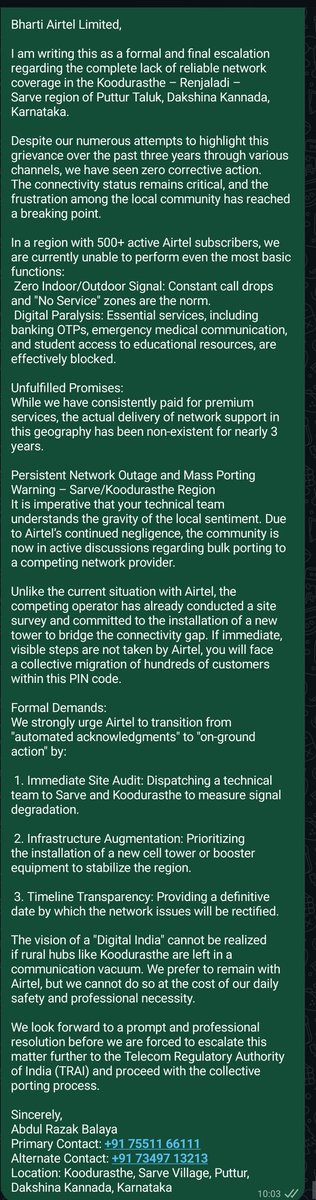 RaazBalaya's tweet photo. @Airtel_Presence Subject: Urgent Complaint: Persistent Network Outage and Mass Porting Warning – Sarve/Koodurasthe- Mangalore Region
@airtelindia @Airtel_Presence https://t.co/WumasLhUtl
