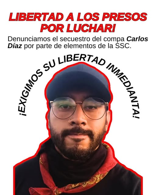 🚨 URGENTE: DENUNCIAN DESAPARICIÓN DEL PROFR. CARLOS DÍAZ 

Este 30 de marzo, tras la marcha pacífica por el Día de la Tierra Palestina (Yom al-Ard) en CDMX, fue detenido y se encuentra desaparecido el Profr. Carlos Díaz.

Denunciamos el dispositivo policial desproporcionado y
