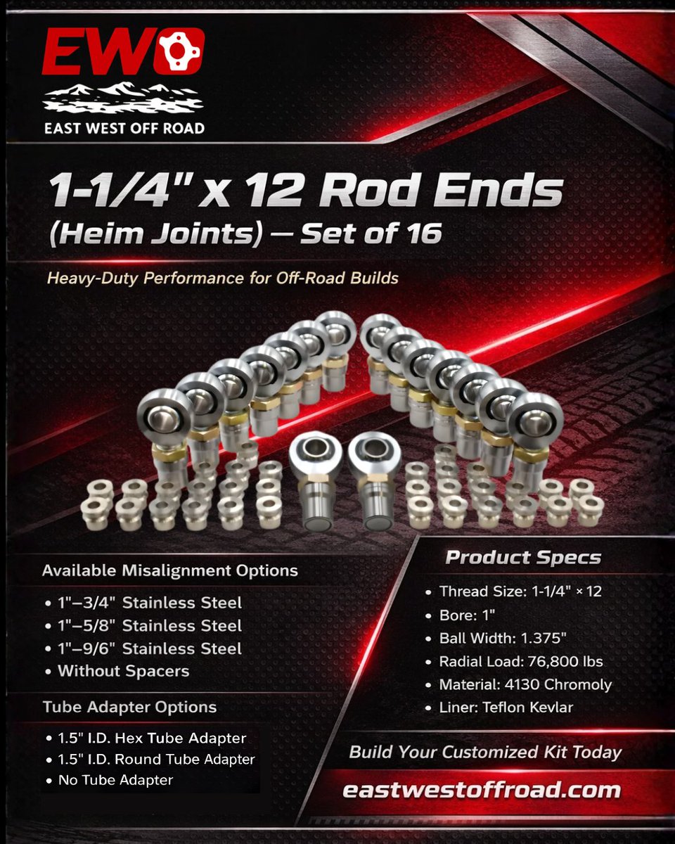 eastwestoffroad's tweet image. Heavy-Duty 1-1/4" x 12 Rod Ends (Heim Joints) Set – Ultimate Off-Road Performance

Don't compromise on your suspension. Build your customized kit today!
🔗 Visit eastwestoffroad.com/product/1-14%2… to order yours.

#EastWestOffRoad #HeimJoints #RodEnds #OffRoadBuild #4x4Fabrication