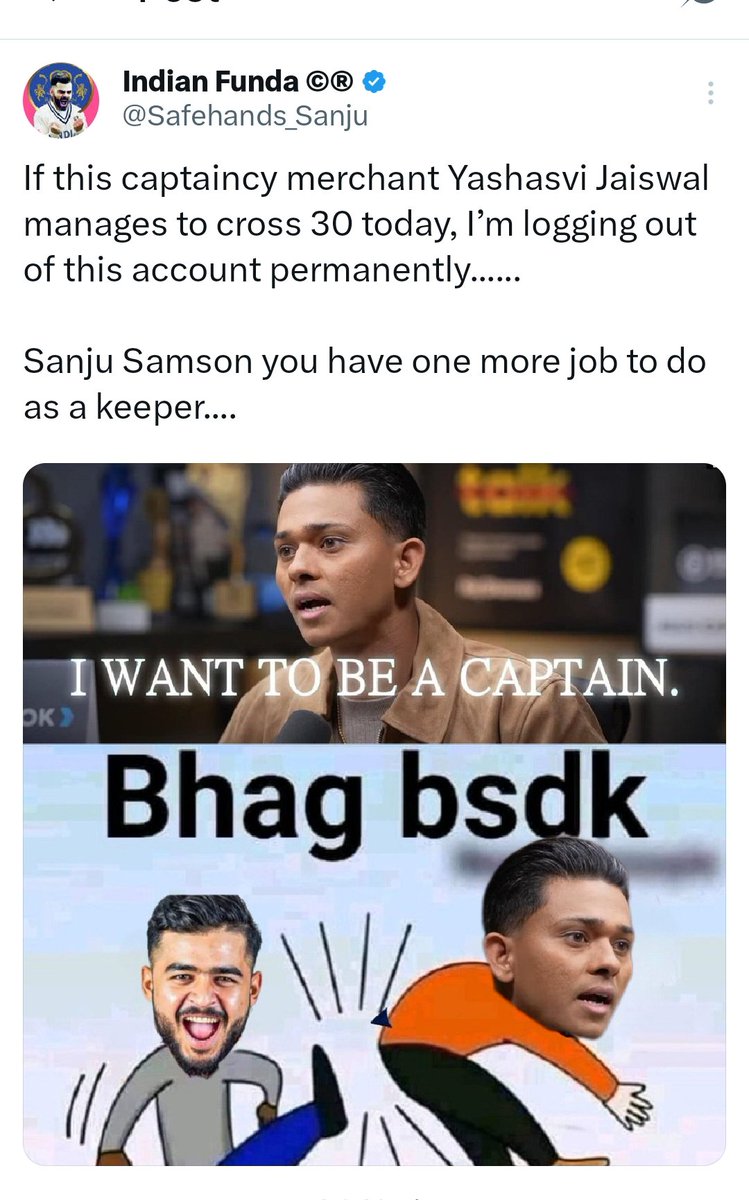 Yesterday you said If this captaincy merchant Yashasvi Jaiswal manages to cross 30 today, I’ll log out of this account permanently.

Yesterday: Jaiswal scored 38 runs.

Now delete your account…
or go get ready with a bindi, kajal, saree, bangles, and clap outside people’s homes