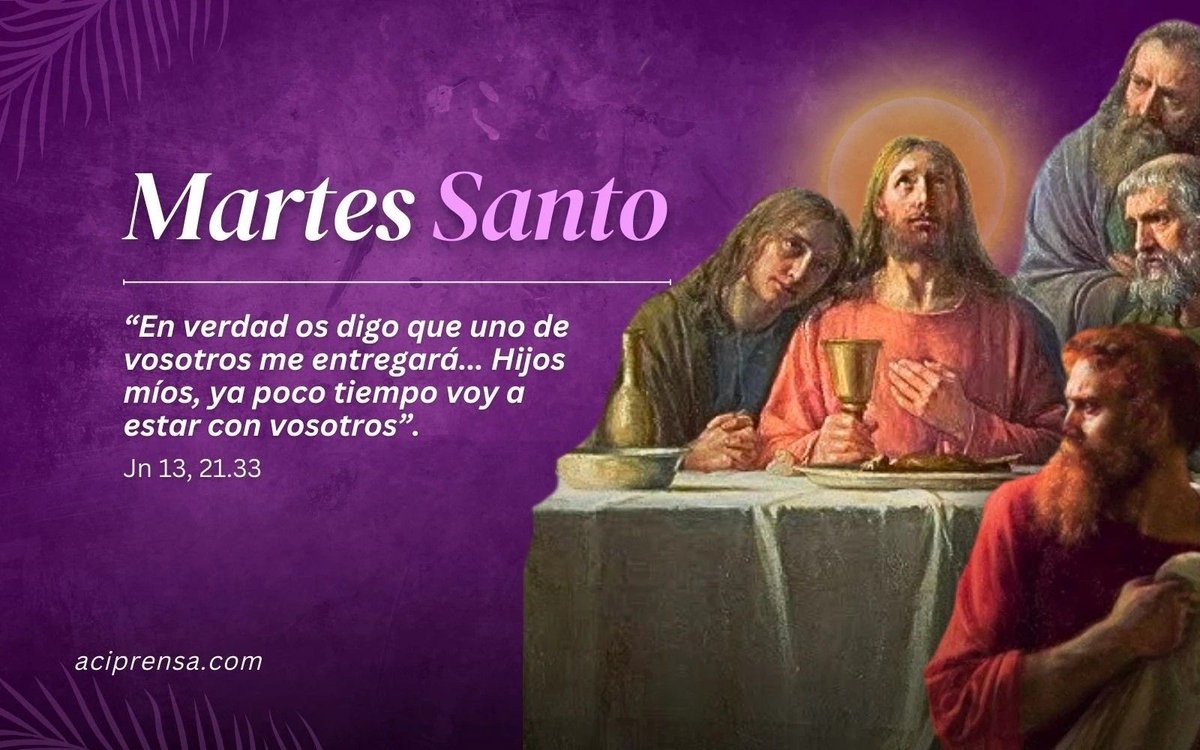 Buenos días, salud, paz y bien.
Es Martes Santo.
Continuamos con la celebración de la Semana Santa que ocupa nuestros corazones y nuestros sentidos. 
Os deseo lo mejor en esta nueva jornada. Que lo que venga sea inmensamente bueno, siendo siempre agradecidos.
Feliz martes.