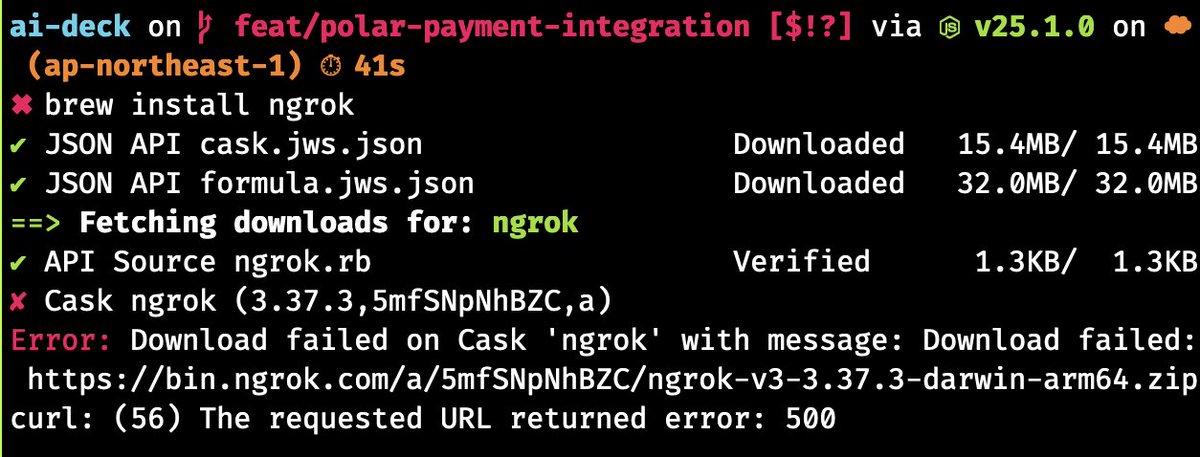 AIDeckApp's tweet photo. @ngrokHQ `brew install ngrok` failing on macOS (AppleSilicon).

Error: Download failed: https://t.co/5YNsy1RwsD: (56) The requested URL returned error: 500

Is there an ongoing issue? Thanks! https://t.co/yeqjiAGNgD
