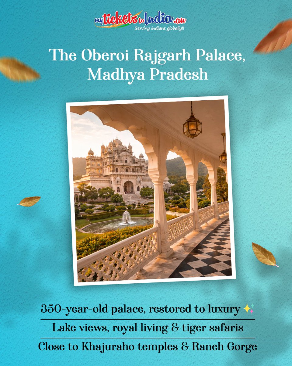 MTI_AUS's tweet image. 3/6
Oberoi Rajgarh #Palace Resort, Rājgarh, Madhya Pradesh: 
Set above a serene lake in Madhya Pradesh, this 350-year-old palace blends royal luxury with nature—private safaris in Panna, stunning Raneh Gorge, and the iconic #Khajuraho temples just minutes away. 

#IndianPlaces