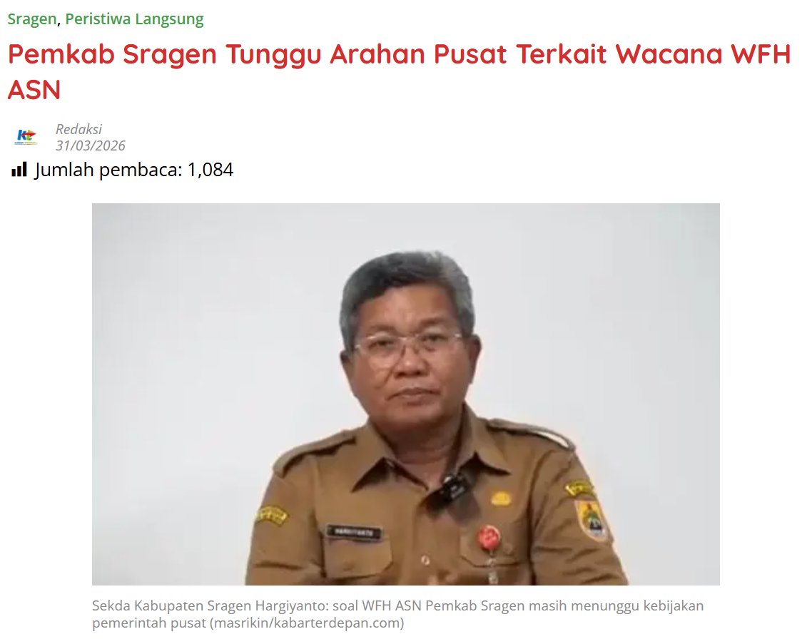 kabarterdepanID's tweet image. Pemkab Sragen Tunggu Arahan Pusat Terkait Wacana WFH ASN

kabarterdepan.com/pemkab-sragen-…

#PemkabSragen #WFH #ASN #Sragen #KabarTerdepan