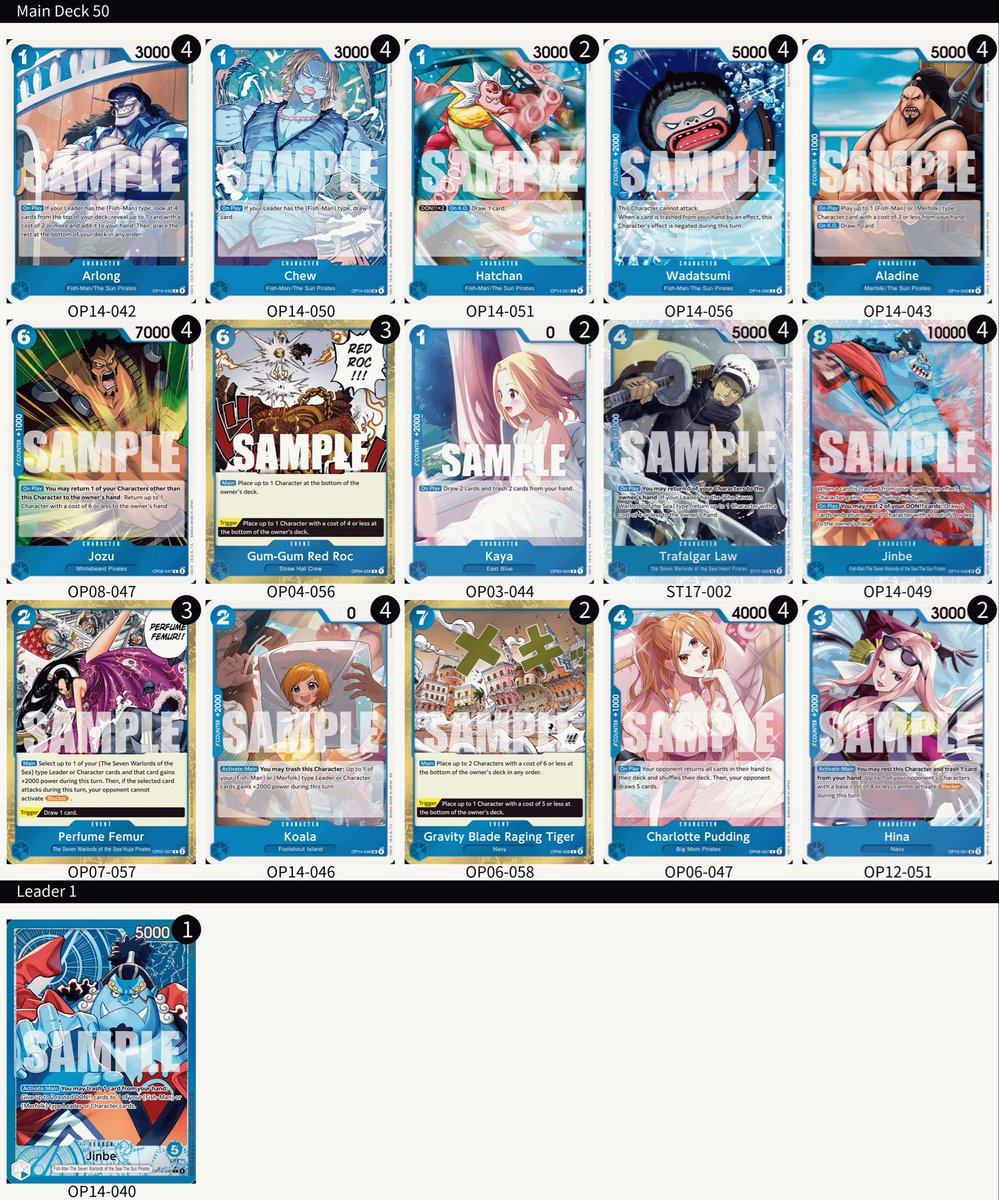 Treasure Cup 
Top 4
Deck 🐟 

R1 Imu ✅️
R2 Mihawk ✅️
R3 Bonney ✅️
R4 Boa ✅️
R5 Ace ✅
R6 UP Luffy ❌
R7 Mihawk ✅️
R8 Ace ✅️