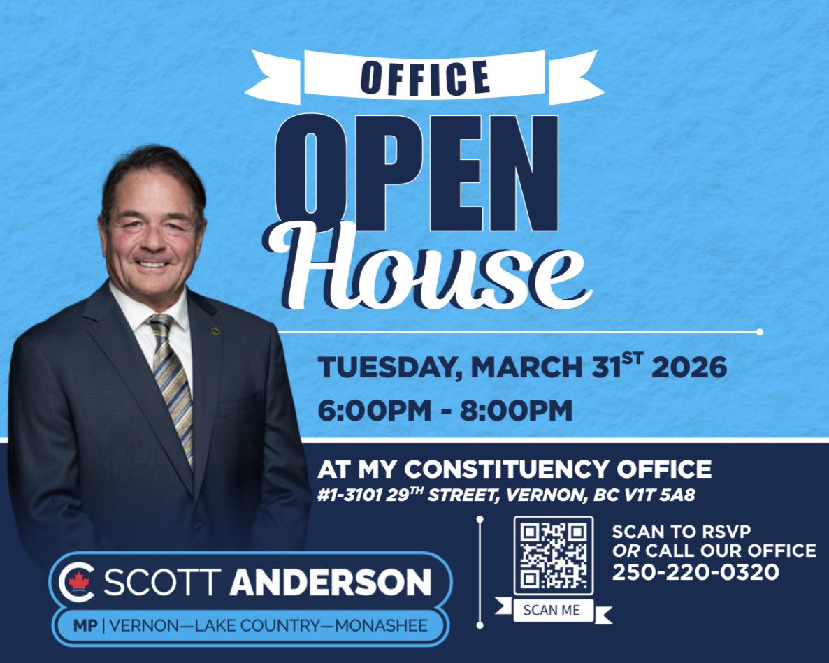 ScottAndersonMP's tweet photo. Residents of Vernon–Lake Country–Monashee,
You’re invited to the open house at my constituency office on Tuesday, March 31st, from 6:00-8:00 p.m.
This is a casual drop-in event. Light refreshments will be provided.

RSVP here: https://t.co/qpxSsSaiys https://t.co/jTuINS1CbJ
