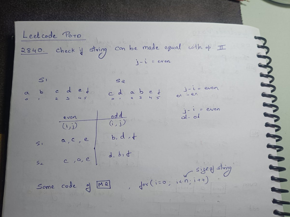 PremKolte26's tweet photo. 🚀 Day 756/1001 Days Of Code 💻

LeetCode POTD 🧩
2840. Check if Strings Can be Made Equal With Operations II

Extension of Part I — more flexibility with swaps 🔄
Focused on grouping positions &amp; comparing patterns ⚡

#1001DaysOfCode 💯 
#Day756 #LeetCode #DSA https://t.co/vVZWP7RCCJ