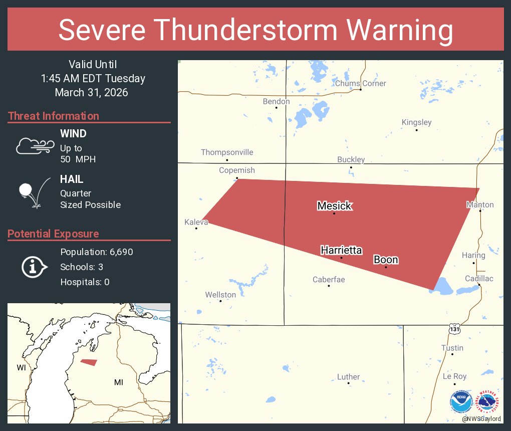 Severe Thunderstorm Warning including Mesick MI, Boon MI and  Harrietta MI until 1:45 AM EDT
