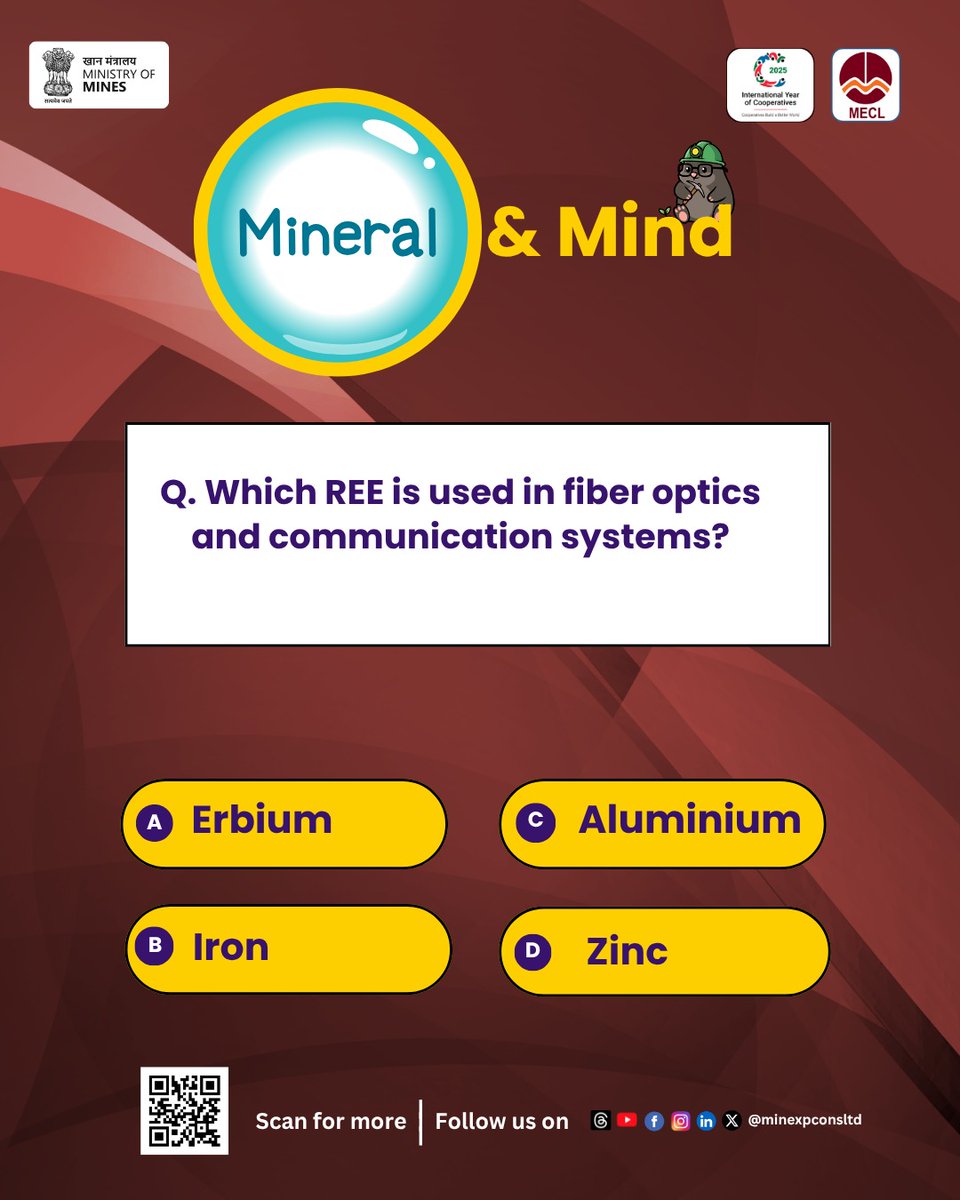 minexpconsltd's tweet image. Rare Earth Elements play a crucial role in enabling advanced communication systems.
Can you identify the REE used in fiber optic technology?

#RareEarthElements #CriticalMinerals #Quiz #MECL

@MinesMinIndia 
@kishanreddybjp 
@satishdubeyy