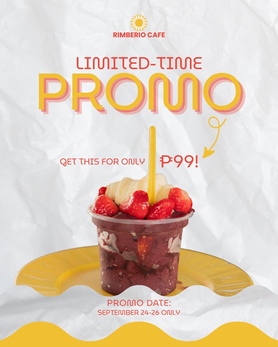 ShreyaRoy37888's tweet image. 🍓✨ Sweet deal alert!
Cool down with our refreshing Limited-Time Promo for just ₱99! 🍧💛
Don’t miss out—only available September 24–26! 🗓️⏳

#RimberioCafe #LimitedTimeOnly #SweetTreats #FoodieFinds #DessertLovers #StrawberryDelight #AffordableEats #PromoAlert 🍓💫