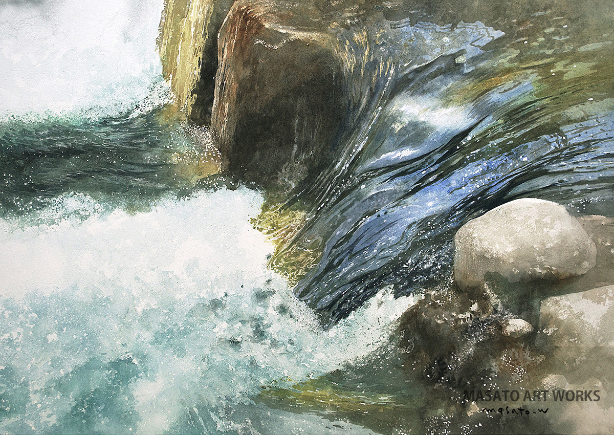 water18color's tweet image. 【水彩画プリント作品追加しました】流れ落ちる水(水彩画)⚫︎水彩画と鉛筆スケッチのアートプリント販売 ⚫︎A3サイズ用紙（描画範囲A4程度）　Masato Art Works　 #artprint #手描き水彩画