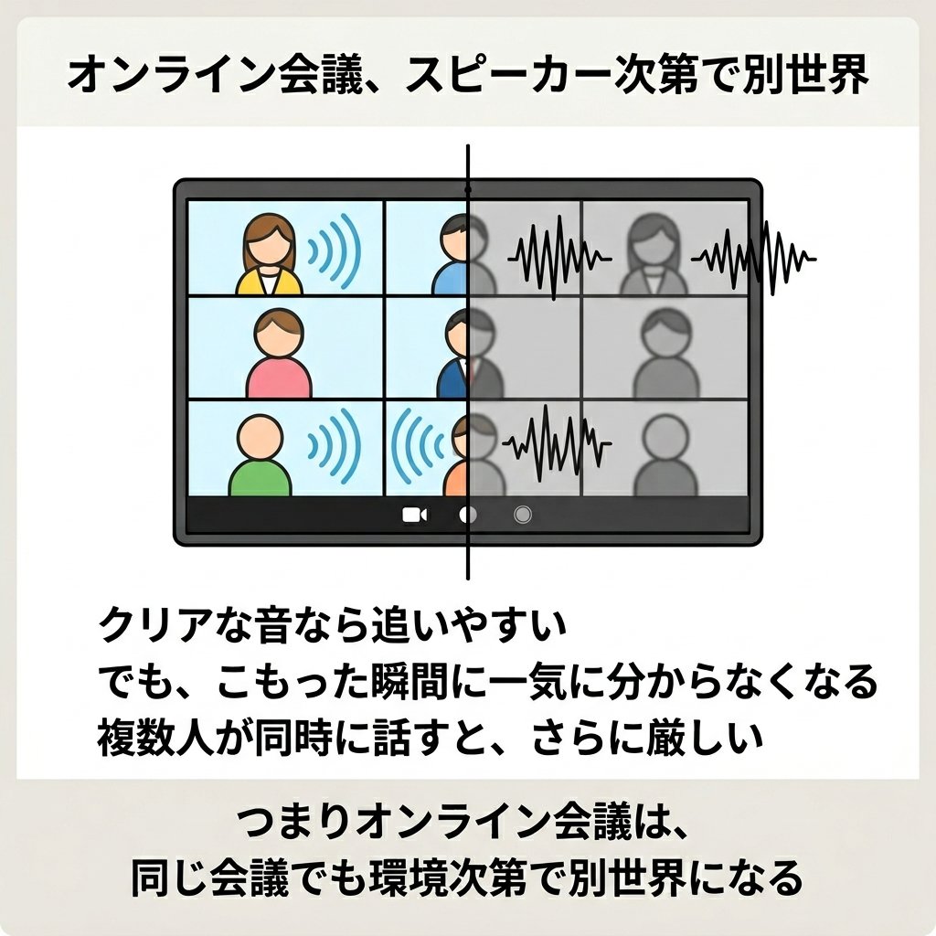 hyurebo's tweet photo. 【オンライン会議、スピーカー次第で別世界】

感音性難聴55〜60dBだと、オンライン会議は機材ひとつで難易度がかなり変わる。マイクやスピーカー、回線の影響で音がこもると、音量を上げても聞き取りやすくはならない。言葉の輪郭が崩れるから、聞こえていても内容が入ってこない。

クリアな音なら追いやすい。
でも、こもった瞬間に一気に分からなくなる。
複数人が同時に話すと、さらに厳しい。

つまりオンライン会議は、同じ会議でも環境次第で別世界になる。

① イメージできる
② 想像より大変そう
③ 初めて知った

#感音性難聴 #難聴 #聴覚障害